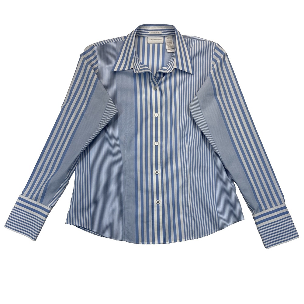 Liz Claiborne Non-Iron Striped Button-Up Shirt Women's Size 6 Blue Nautical